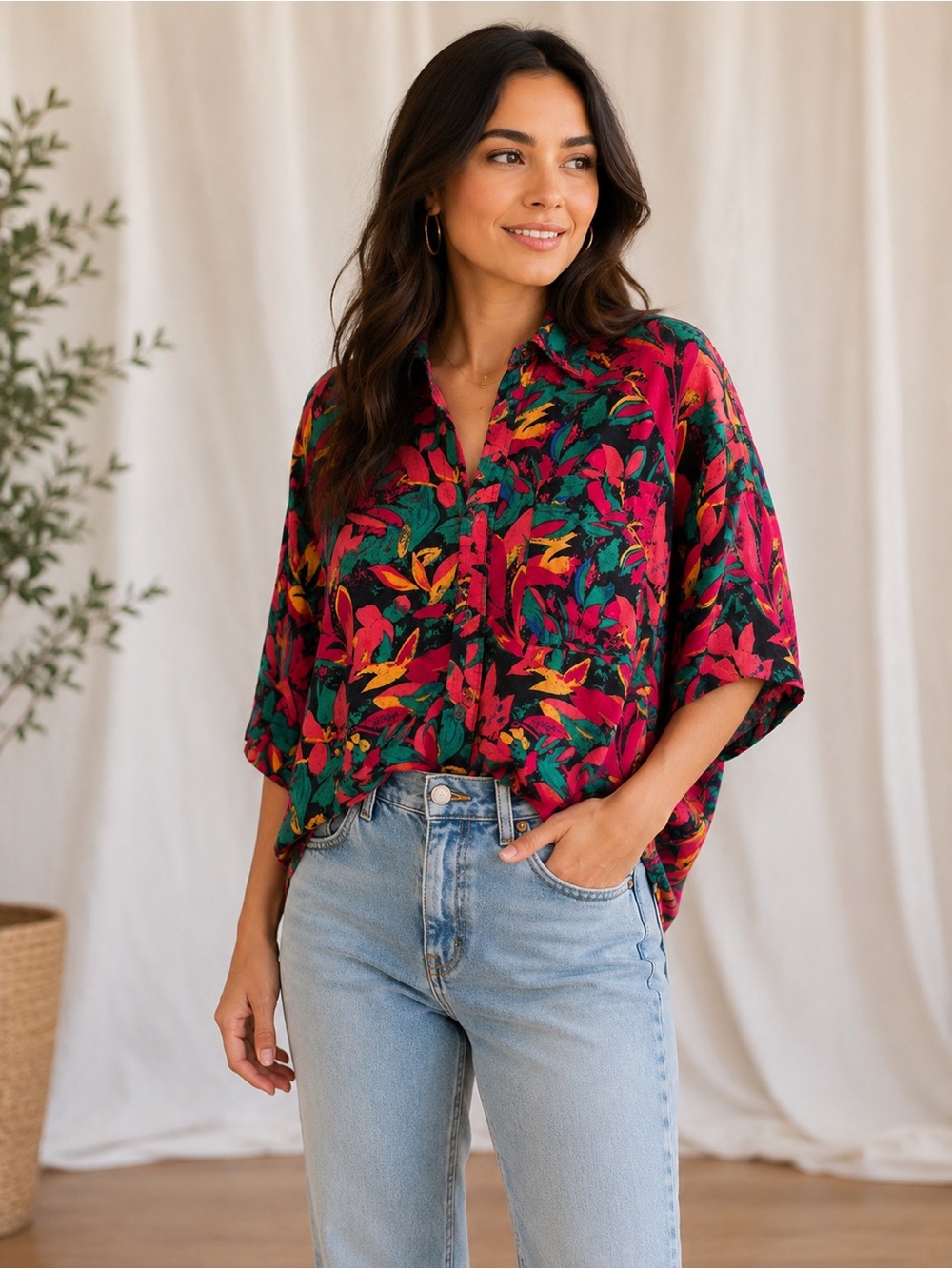 Vintage Tropical Floral Button-Up Blouse Bright Abstract Oversized Top. PTP 23